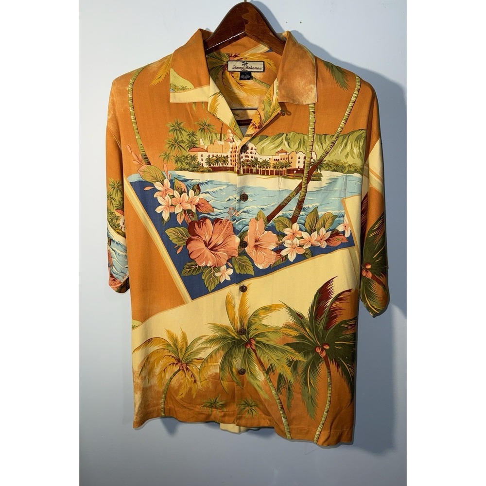 TOMMY BAHAMA Men's Hawaiian Shirt Floral 100% Silk Summer Vacation Size M